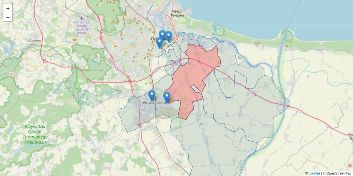 Szczegółowa mapa kodu pocztowego 83-021 z granicami, sąsiednimi kodami pocztowymi i urzędami pocztowymi