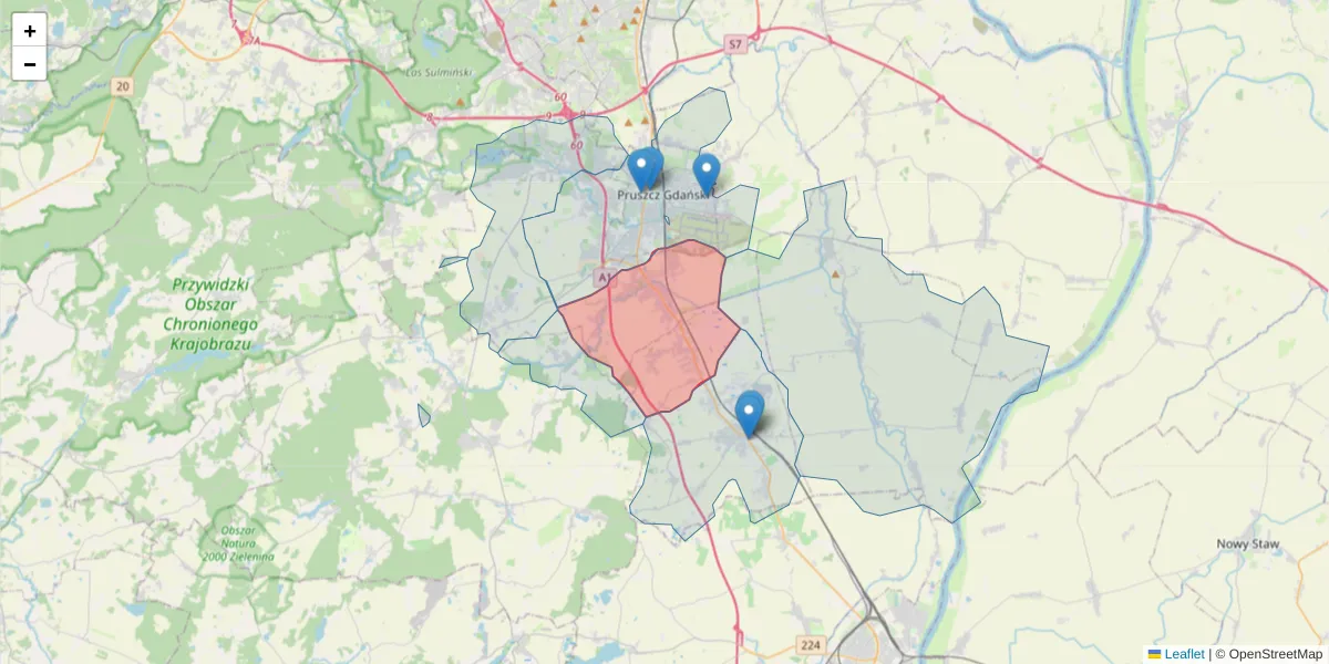 Szczegółowa mapa kodu pocztowego 83-031 z granicami, sąsiednimi kodami pocztowymi i urzędami pocztowymi
