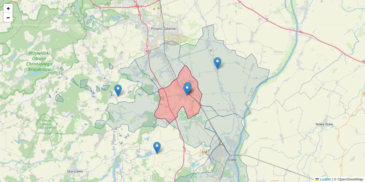 Szczegółowa mapa kodu pocztowego 83-032 z granicami, sąsiednimi kodami pocztowymi i urzędami pocztowymi