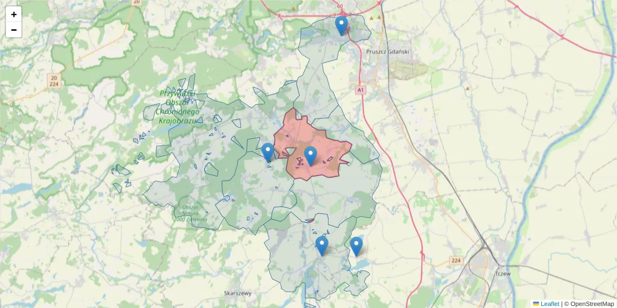 Szczegółowa mapa kodu pocztowego 83-034 z granicami, sąsiednimi kodami pocztowymi i urzędami pocztowymi