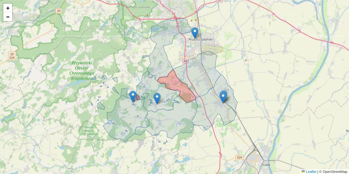 Szczegółowa mapa kodu pocztowego 83-035 z granicami, sąsiednimi kodami pocztowymi i urzędami pocztowymi