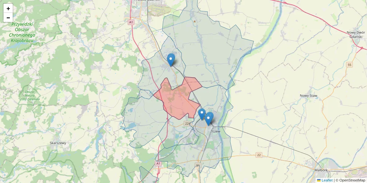 Szczegółowa mapa kodu pocztowego 83-111 z granicami, sąsiednimi kodami pocztowymi i urzędami pocztowymi