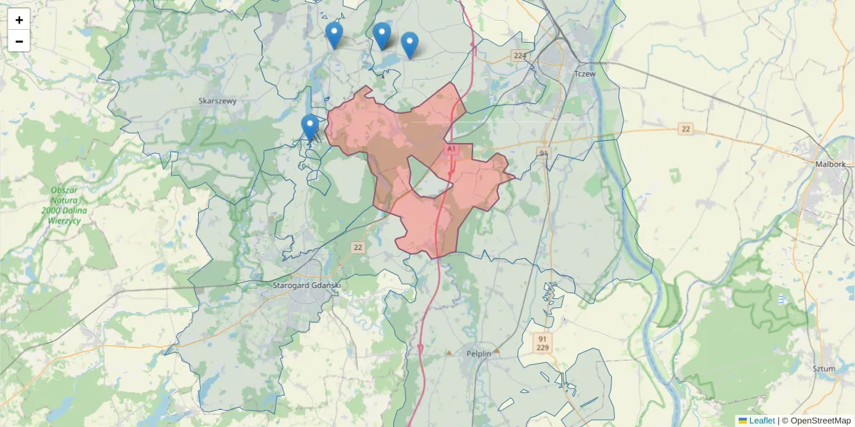 Szczegółowa mapa kodu pocztowego 83-115 z granicami, sąsiednimi kodami pocztowymi i urzędami pocztowymi