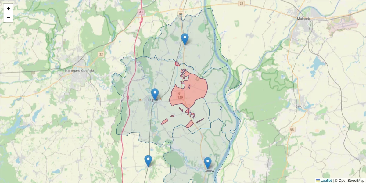 Szczegółowa mapa kodu pocztowego 83-121 z granicami, sąsiednimi kodami pocztowymi i urzędami pocztowymi