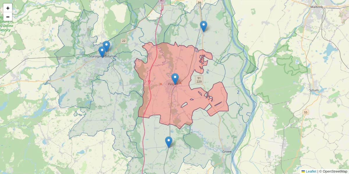 Szczegółowa mapa kodu pocztowego 83-130 z granicami, sąsiednimi kodami pocztowymi i urzędami pocztowymi