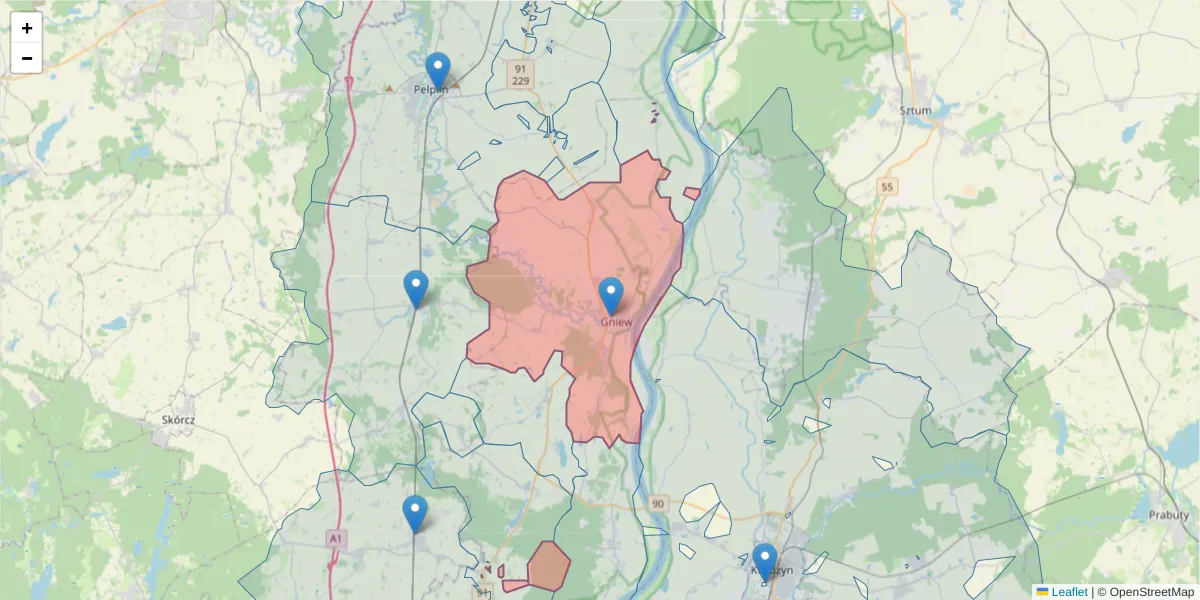 Szczegółowa mapa kodu pocztowego 83-140 z granicami, sąsiednimi kodami pocztowymi i urzędami pocztowymi