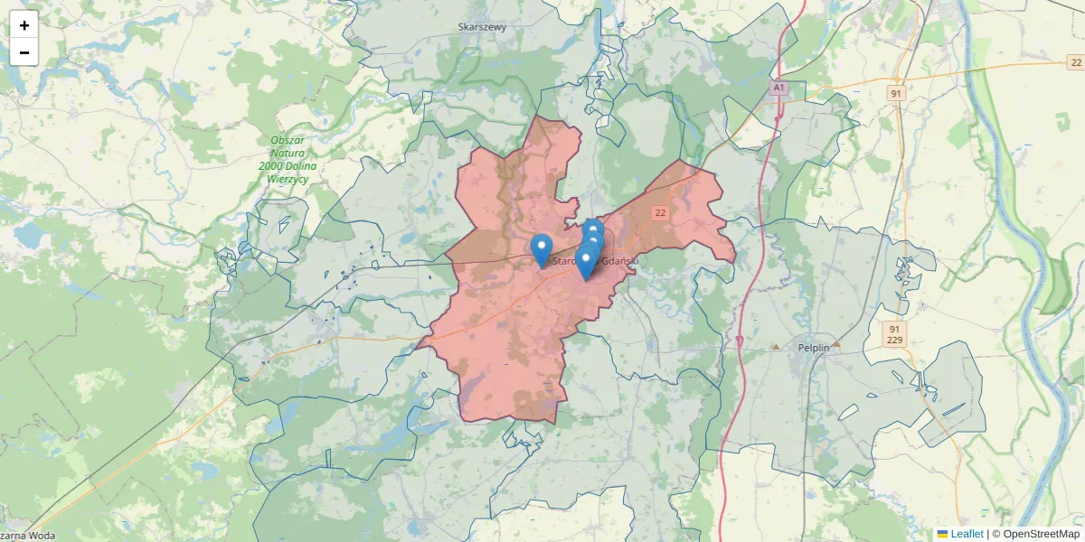 Szczegółowa mapa kodu pocztowego 83-200 z granicami, sąsiednimi kodami pocztowymi i urzędami pocztowymi