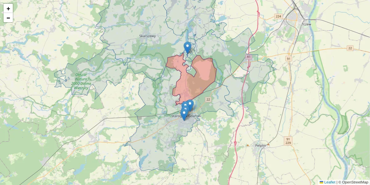 Szczegółowa mapa kodu pocztowego 83-207 z granicami, sąsiednimi kodami pocztowymi i urzędami pocztowymi