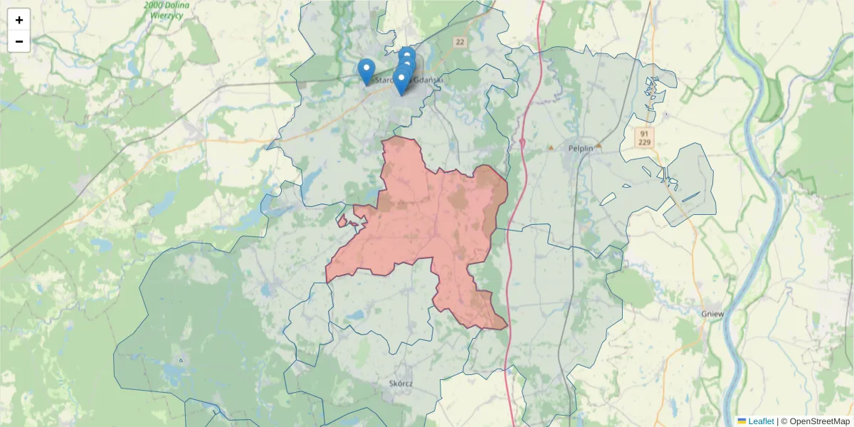 Szczegółowa mapa kodu pocztowego 83-212 z granicami, sąsiednimi kodami pocztowymi i urzędami pocztowymi