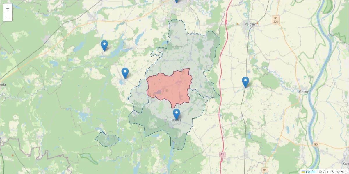 Szczegółowa mapa kodu pocztowego 83-213 z granicami, sąsiednimi kodami pocztowymi i urzędami pocztowymi