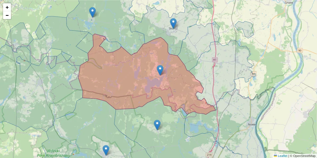 Szczegółowa mapa kodu pocztowego 83-221 z granicami, sąsiednimi kodami pocztowymi i urzędami pocztowymi