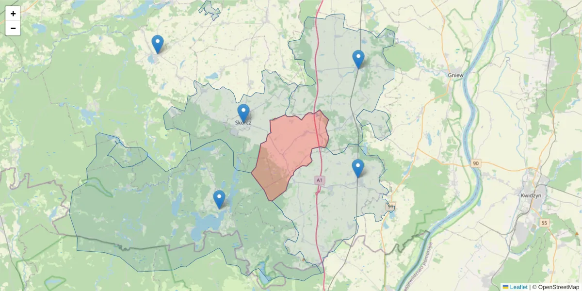 Szczegółowa mapa kodu pocztowego 83-225 z granicami, sąsiednimi kodami pocztowymi i urzędami pocztowymi