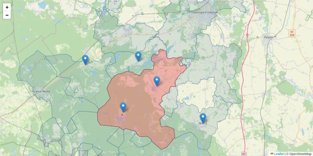 Szczegółowa mapa kodu pocztowego 83-240 z granicami, sąsiednimi kodami pocztowymi i urzędami pocztowymi