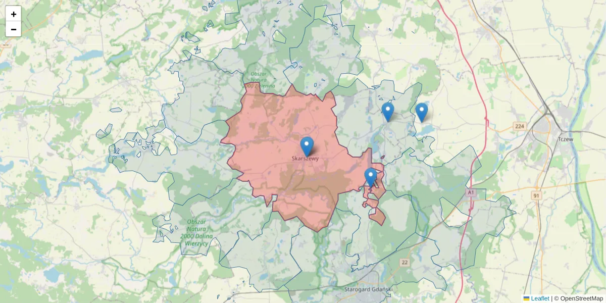 Szczegółowa mapa kodu pocztowego 83-250 z granicami, sąsiednimi kodami pocztowymi i urzędami pocztowymi