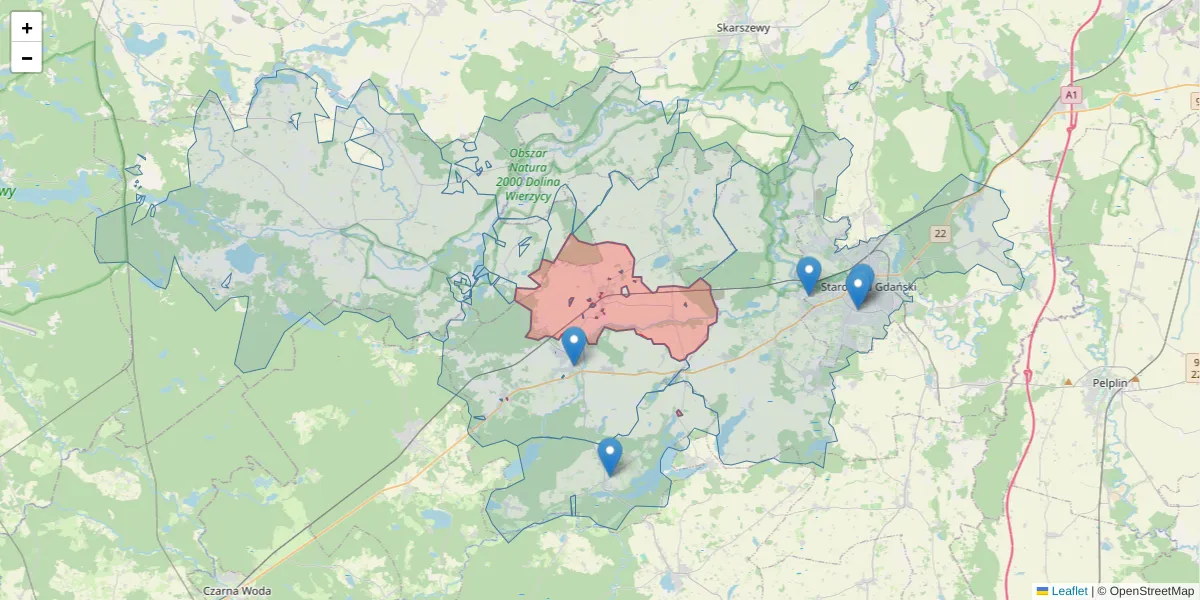 Szczegółowa mapa kodu pocztowego 83-251 z granicami, sąsiednimi kodami pocztowymi i urzędami pocztowymi