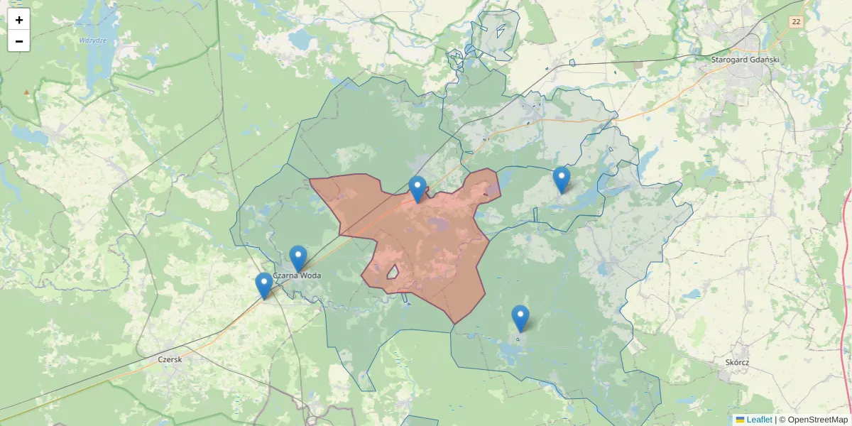 Szczegółowa mapa kodu pocztowego 83-261 z granicami, sąsiednimi kodami pocztowymi i urzędami pocztowymi