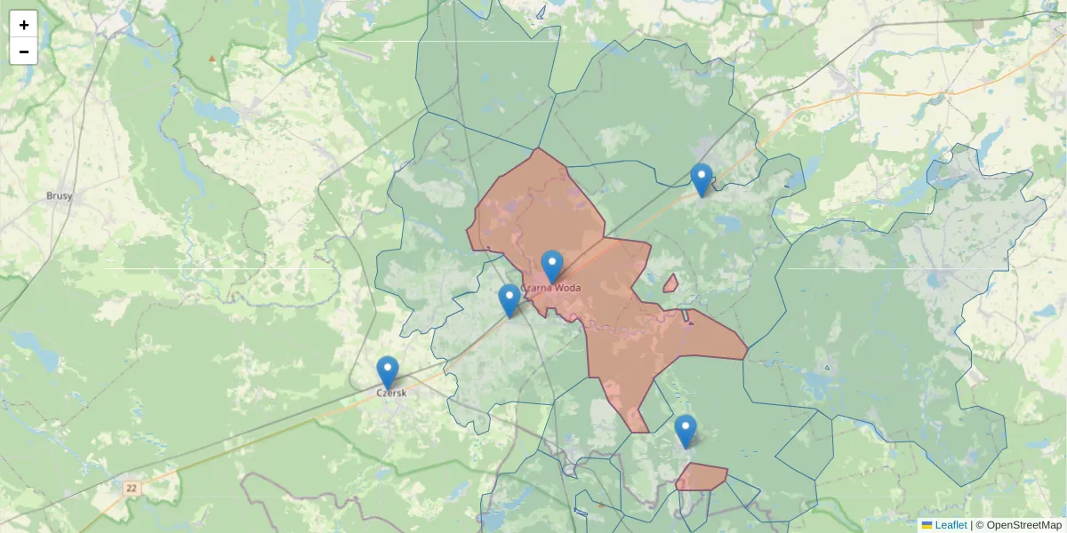 Szczegółowa mapa kodu pocztowego 83-262 z granicami, sąsiednimi kodami pocztowymi i urzędami pocztowymi