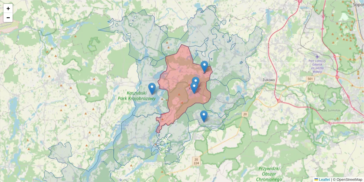 Szczegółowa mapa kodu pocztowego 83-300 z granicami, sąsiednimi kodami pocztowymi i urzędami pocztowymi