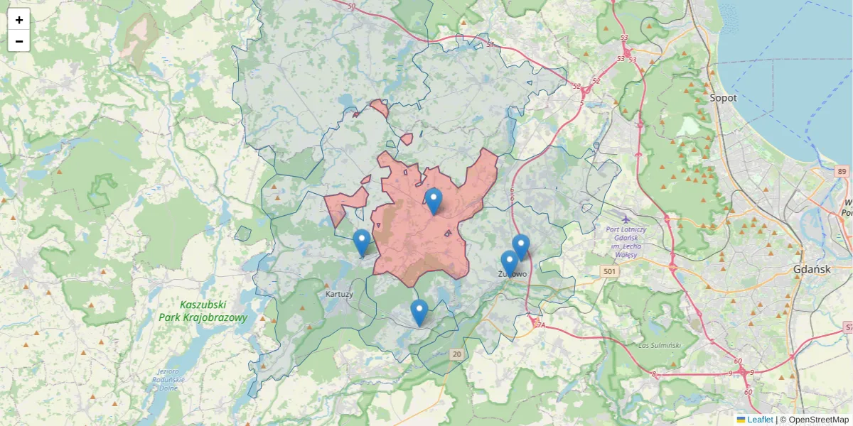 Szczegółowa mapa kodu pocztowego 83-304 z granicami, sąsiednimi kodami pocztowymi i urzędami pocztowymi