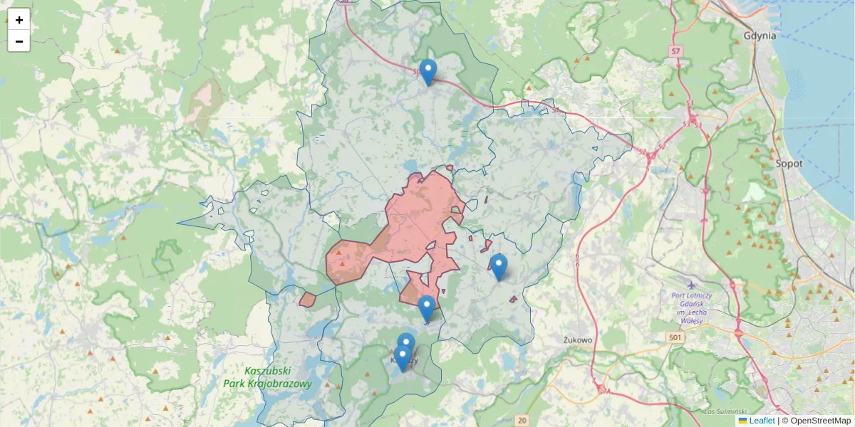 Szczegółowa mapa kodu pocztowego 83-305 z granicami, sąsiednimi kodami pocztowymi i urzędami pocztowymi