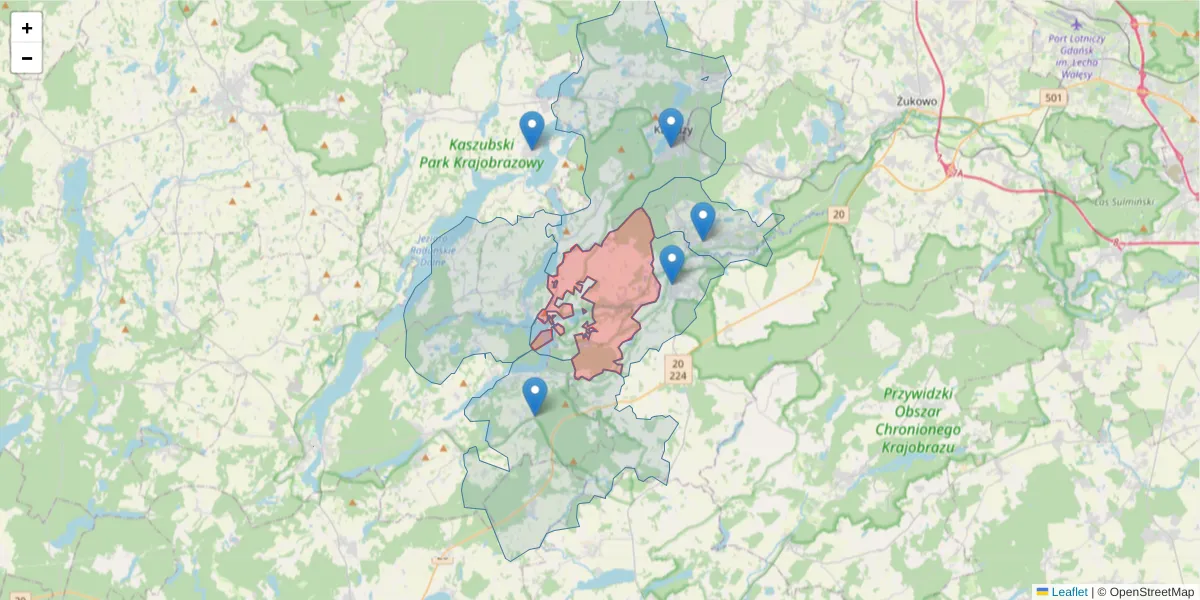 Szczegółowa mapa kodu pocztowego 83-311 z granicami, sąsiednimi kodami pocztowymi i urzędami pocztowymi