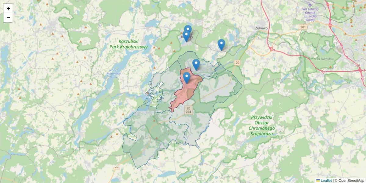 Szczegółowa mapa kodu pocztowego 83-314 z granicami, sąsiednimi kodami pocztowymi i urzędami pocztowymi