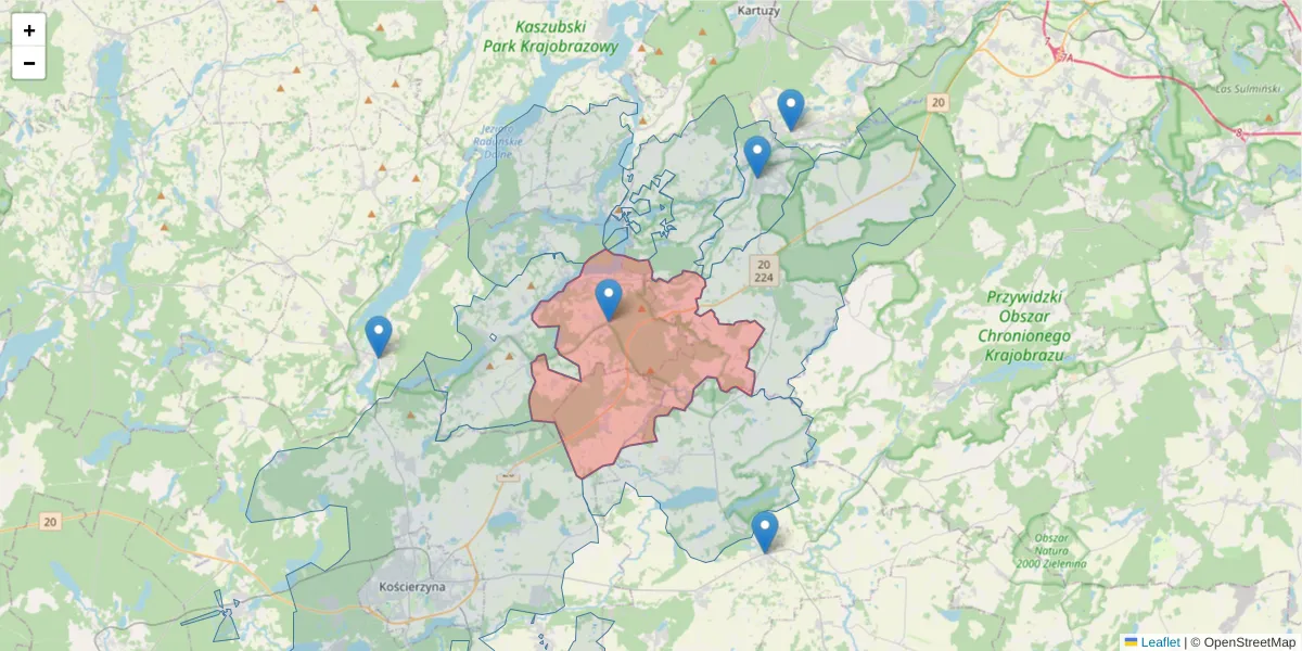 Szczegółowa mapa kodu pocztowego 83-315 z granicami, sąsiednimi kodami pocztowymi i urzędami pocztowymi