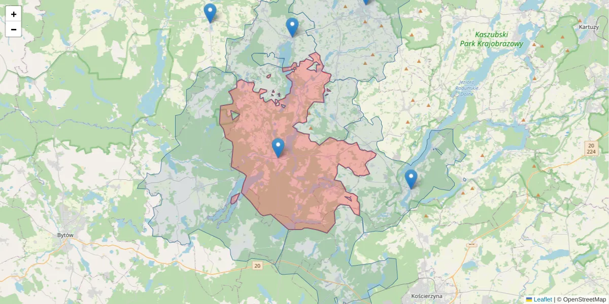 Szczegółowa mapa kodu pocztowego 83-320 z granicami, sąsiednimi kodami pocztowymi i urzędami pocztowymi