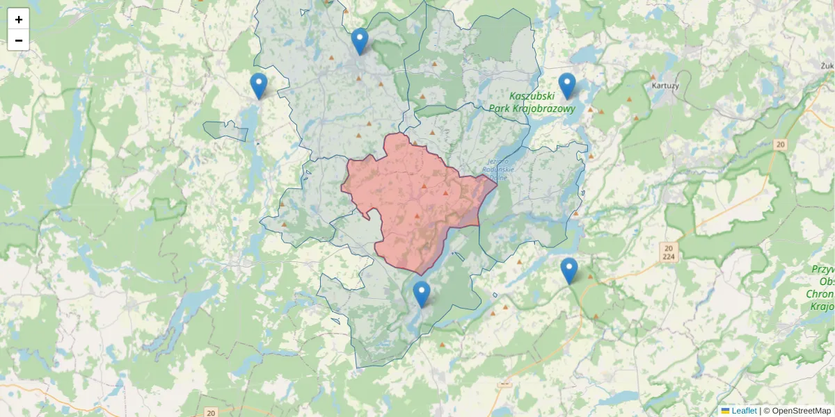 Szczegółowa mapa kodu pocztowego 83-323 z granicami, sąsiednimi kodami pocztowymi i urzędami pocztowymi