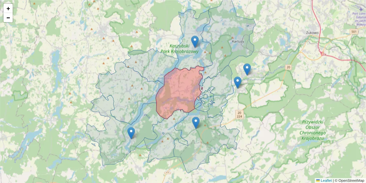 Szczegółowa mapa kodu pocztowego 83-324 z granicami, sąsiednimi kodami pocztowymi i urzędami pocztowymi