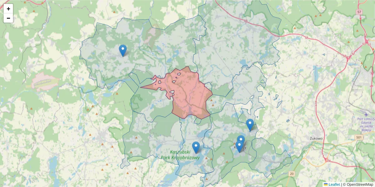 Szczegółowa mapa kodu pocztowego 83-328 z granicami, sąsiednimi kodami pocztowymi i urzędami pocztowymi