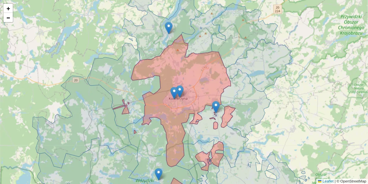 Szczegółowa mapa kodu pocztowego 83-400 z granicami, sąsiednimi kodami pocztowymi i urzędami pocztowymi