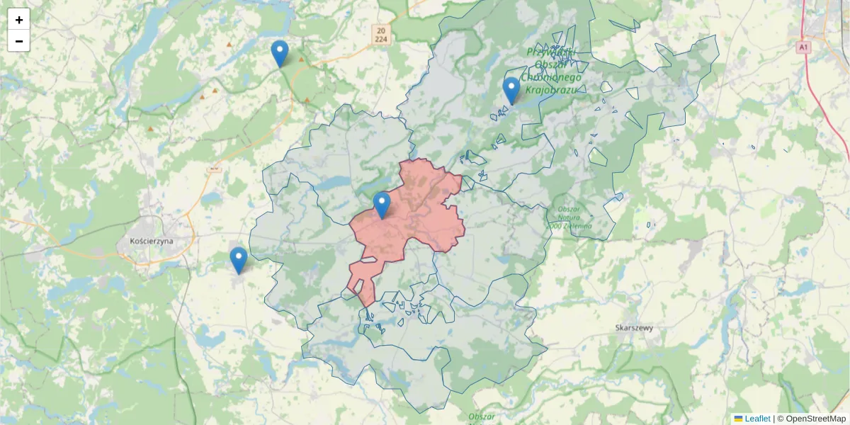 Szczegółowa mapa kodu pocztowego 83-404 z granicami, sąsiednimi kodami pocztowymi i urzędami pocztowymi