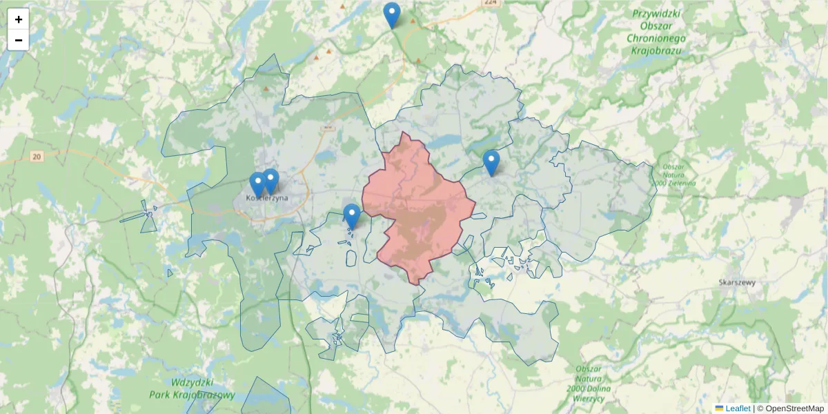 Szczegółowa mapa kodu pocztowego 83-422 z granicami, sąsiednimi kodami pocztowymi i urzędami pocztowymi