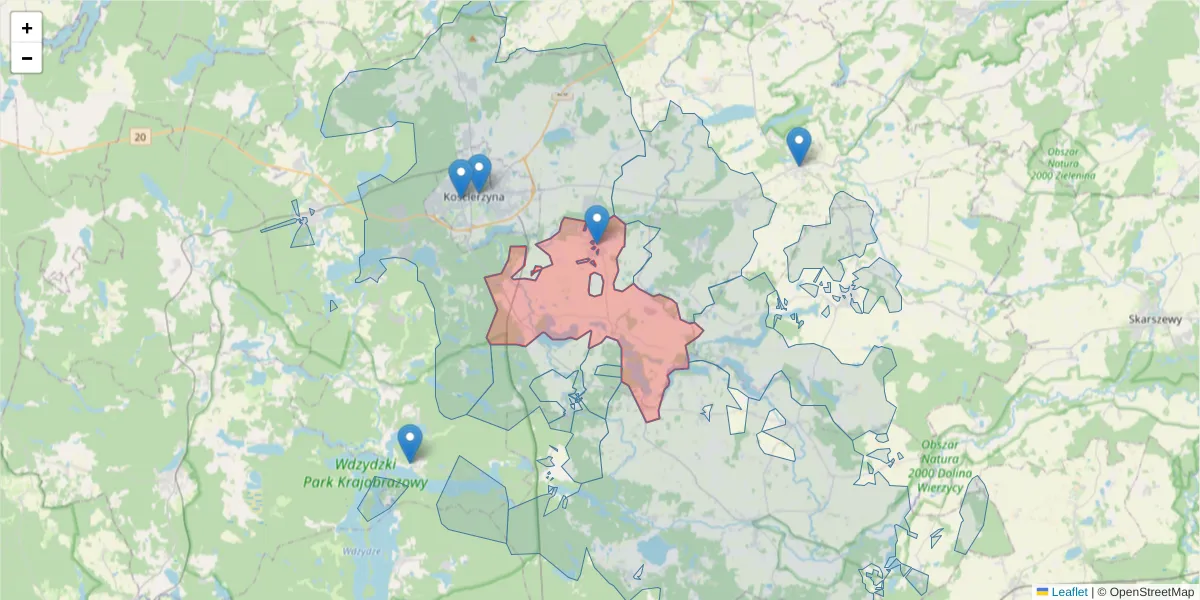 Szczegółowa mapa kodu pocztowego 83-423 z granicami, sąsiednimi kodami pocztowymi i urzędami pocztowymi
