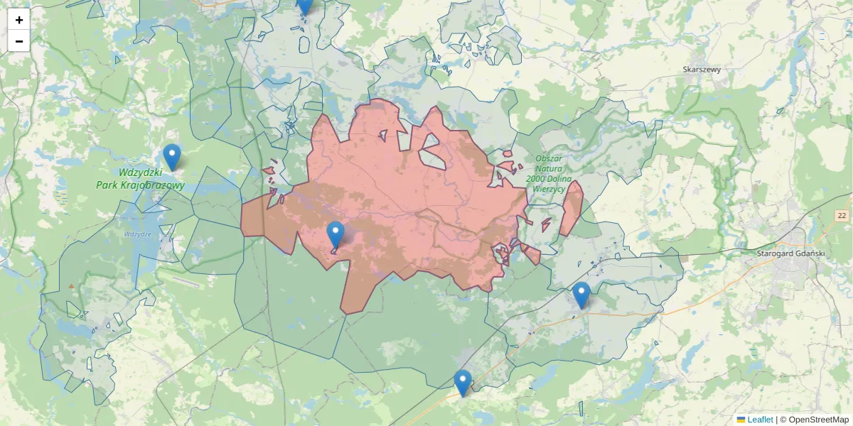 Szczegółowa mapa kodu pocztowego 83-430 z granicami, sąsiednimi kodami pocztowymi i urzędami pocztowymi