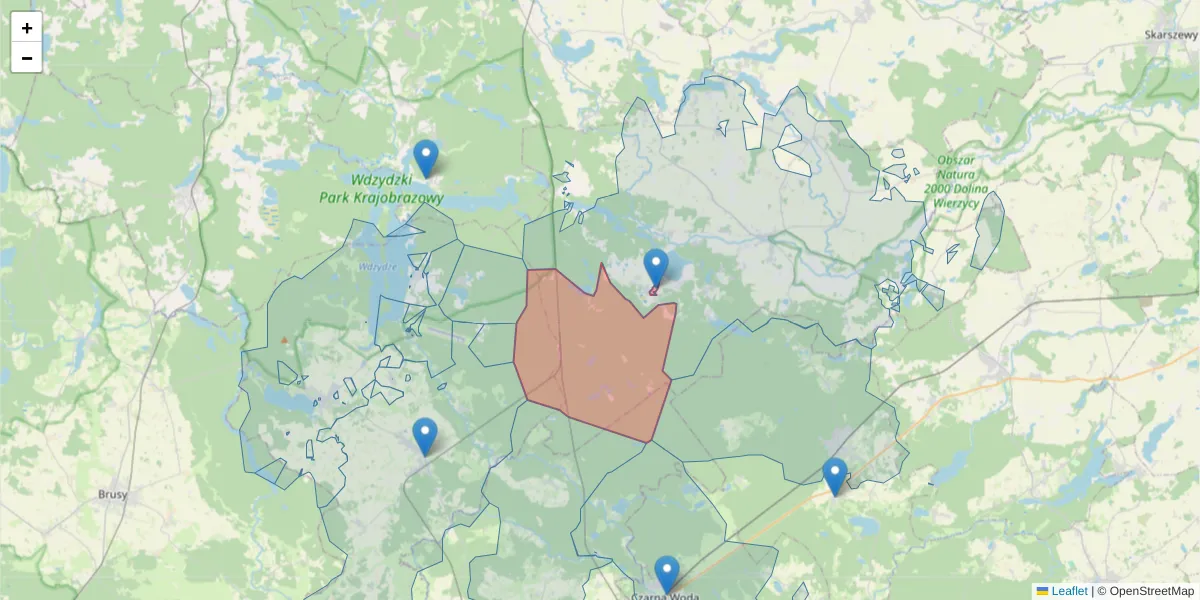 Szczegółowa mapa kodu pocztowego 83-432 z granicami, sąsiednimi kodami pocztowymi i urzędami pocztowymi