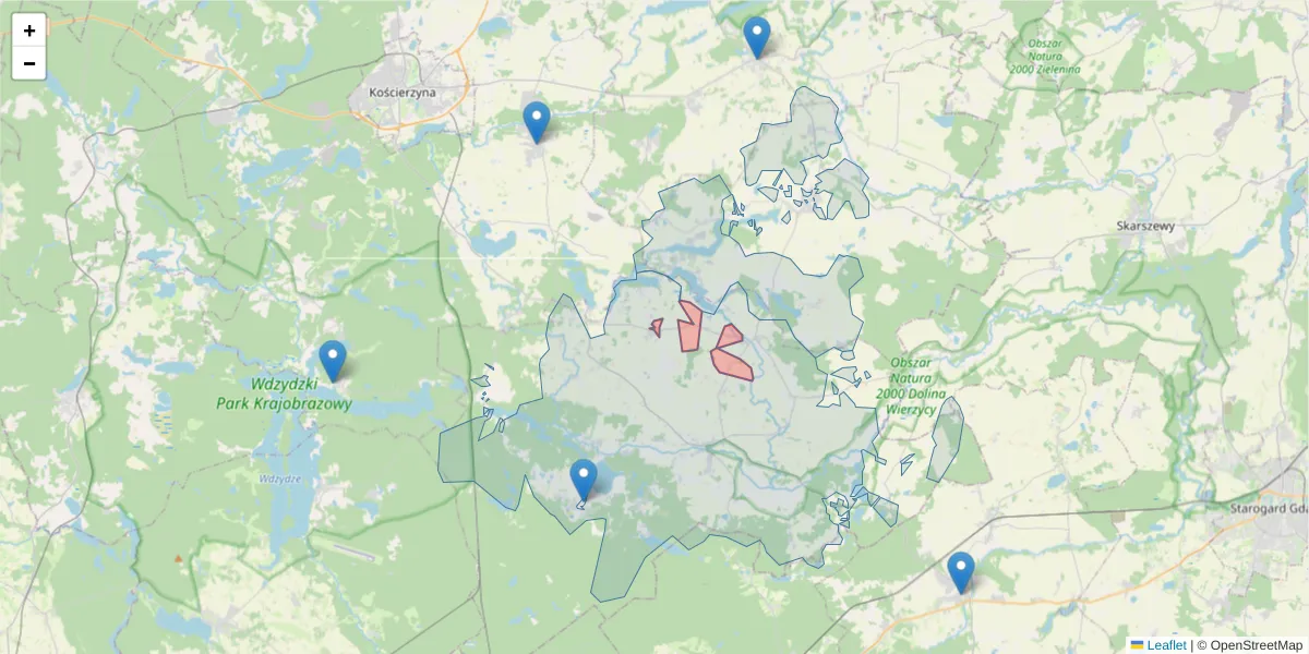 Szczegółowa mapa kodu pocztowego 83-433 z granicami, sąsiednimi kodami pocztowymi i urzędami pocztowymi