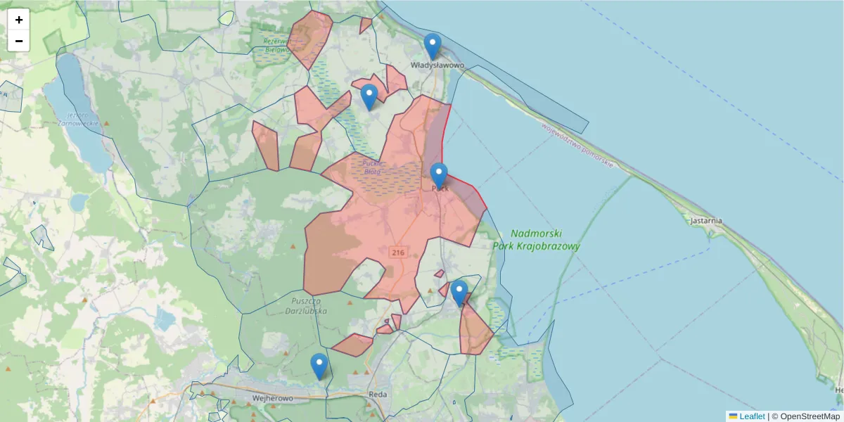 Szczegółowa mapa kodu pocztowego 84-100 z granicami, sąsiednimi kodami pocztowymi i urzędami pocztowymi