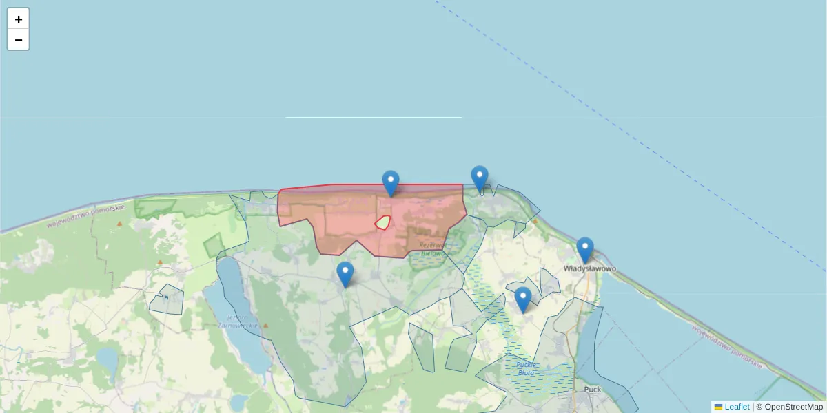 Szczegółowa mapa kodu pocztowego 84-105 z granicami, sąsiednimi kodami pocztowymi i urzędami pocztowymi