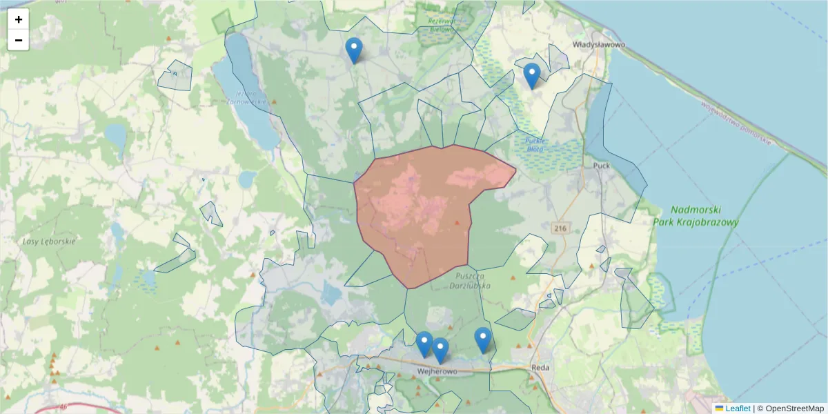 Szczegółowa mapa kodu pocztowego 84-106 z granicami, sąsiednimi kodami pocztowymi i urzędami pocztowymi