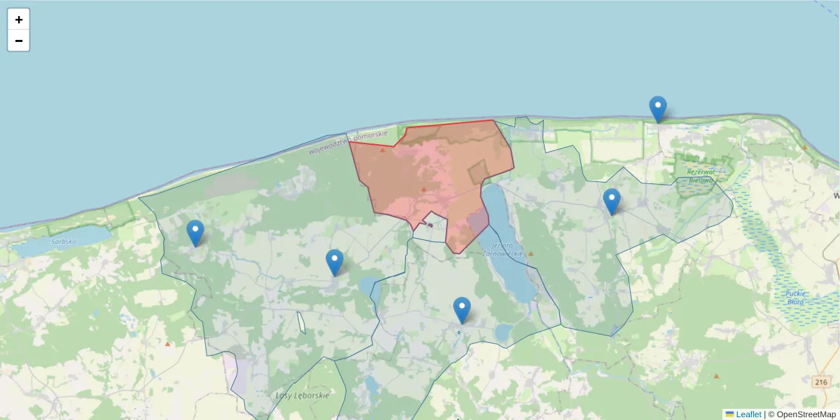Szczegółowa mapa kodu pocztowego 84-113 z granicami, sąsiednimi kodami pocztowymi i urzędami pocztowymi