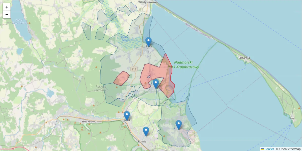 Szczegółowa mapa kodu pocztowego 84-122 z granicami, sąsiednimi kodami pocztowymi i urzędami pocztowymi