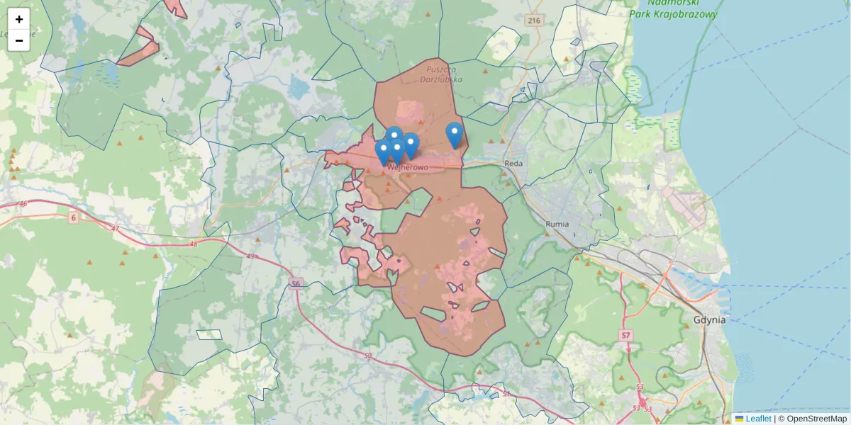 Szczegółowa mapa kodu pocztowego 84-200 z granicami, sąsiednimi kodami pocztowymi i urzędami pocztowymi