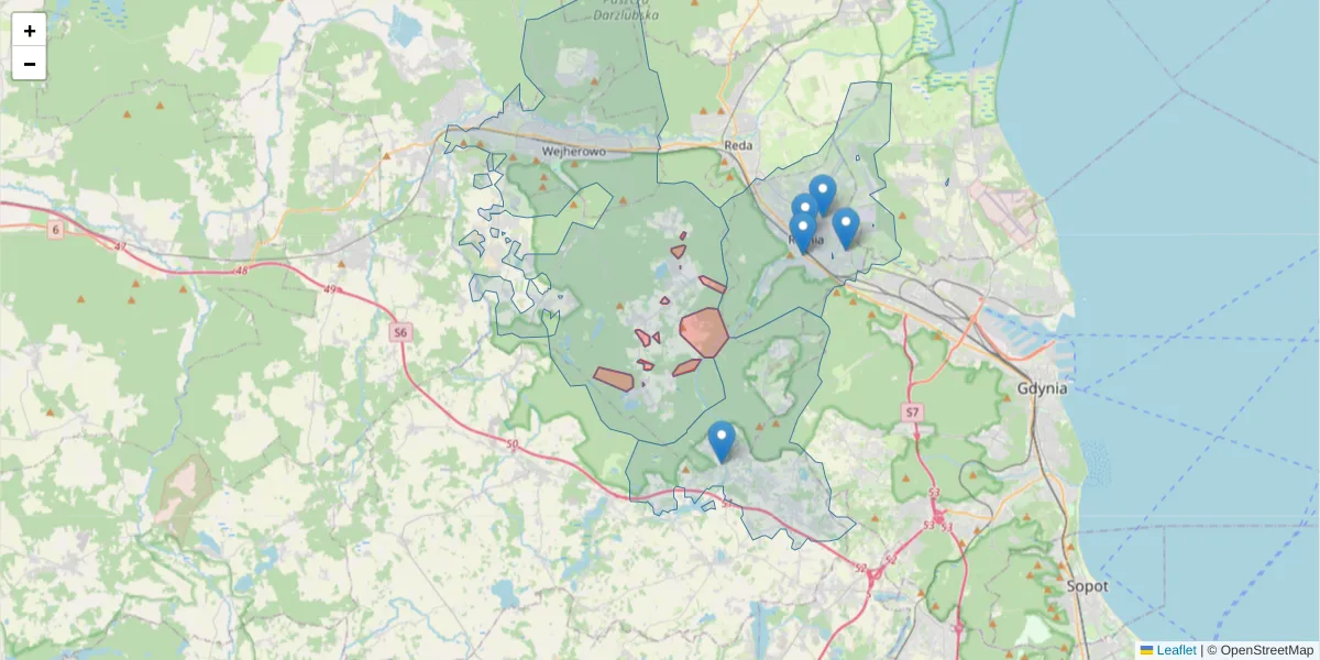 Szczegółowa mapa kodu pocztowego 84-206 z granicami, sąsiednimi kodami pocztowymi i urzędami pocztowymi