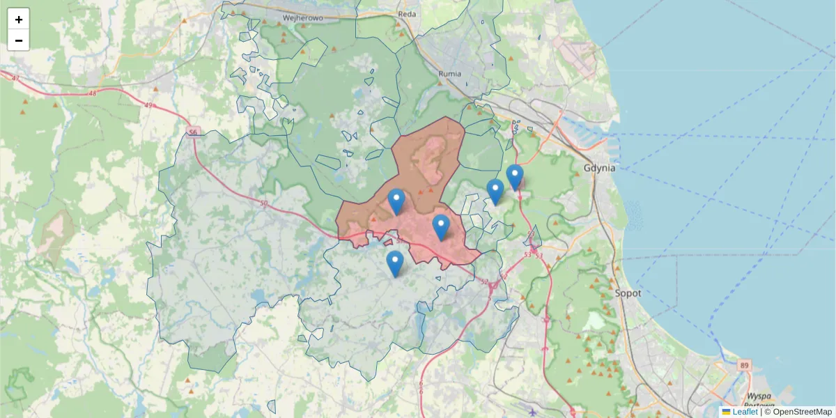 Szczegółowa mapa kodu pocztowego 84-207 z granicami, sąsiednimi kodami pocztowymi i urzędami pocztowymi