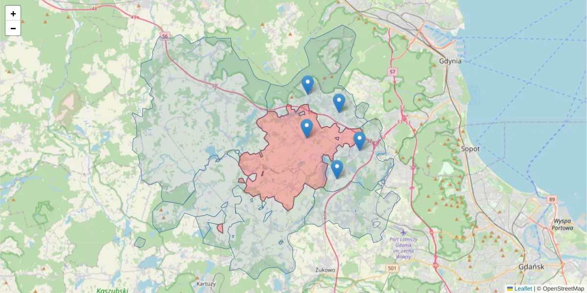 Szczegółowa mapa kodu pocztowego 84-208 z granicami, sąsiednimi kodami pocztowymi i urzędami pocztowymi