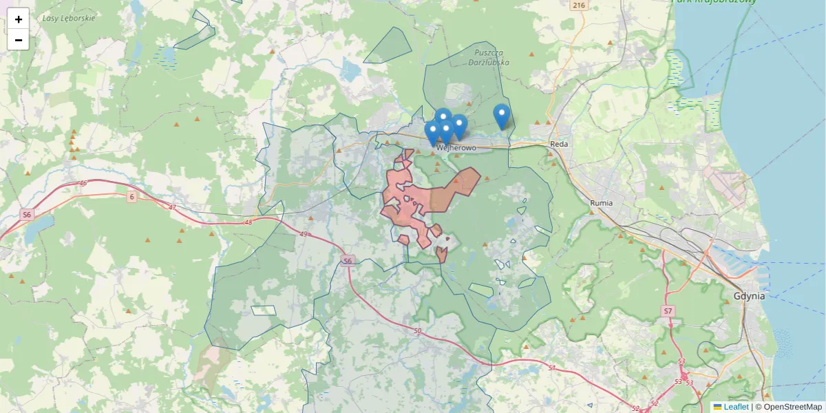 Szczegółowa mapa kodu pocztowego 84-215 z granicami, sąsiednimi kodami pocztowymi i urzędami pocztowymi