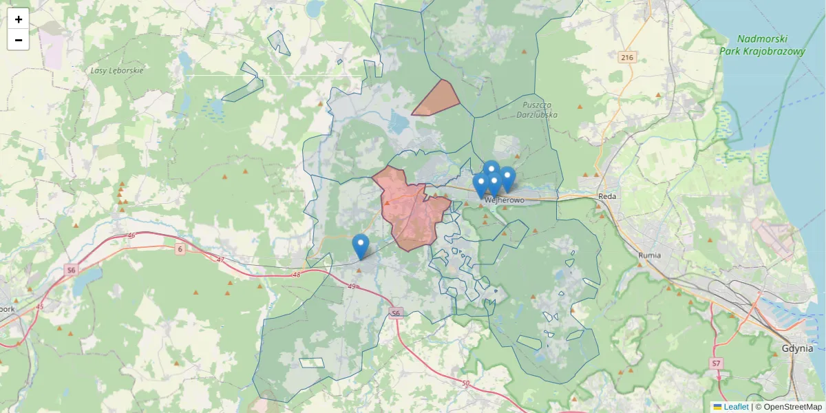 Szczegółowa mapa kodu pocztowego 84-241 z granicami, sąsiednimi kodami pocztowymi i urzędami pocztowymi