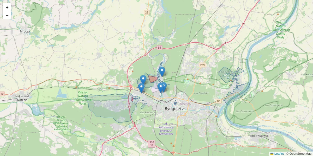 Szczegółowa mapa kodu pocztowego 85-000 z granicami, sąsiednimi kodami pocztowymi i urzędami pocztowymi